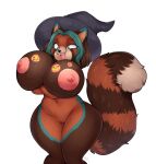  ailurid anthro areola arm_under_breasts big_areola big_breasts blonde_hair breasts clothing female fluffy fluffy_tail genitals hair hat hat_only headgear headgear_only headwear headwear_only hi_res huge_breasts mammal markings mostly_nude nipples nude open_mouth pussy red_panda short_stack simple_background solo striped_markings striped_tail stripes tail_markings villmix white_background wide_hips witch_hat 