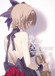  1girl artist_name backless_dress backless_outfit bangs bare_shoulders black_bow black_dress bow brown_hair character_name copyright_name dress formal hair_bow highres honkai_(series) honkai_impact_3rd rita_rossweisse short_hair simple_background sleeveless sleeveless_dress solo sougishi_ego white_background 