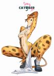  2022 absurd_res anthro areola beastars biped blush brown_eyes catober catober_2022 cheetah clothed clothing crouching digital_drawing_(artwork) digital_media_(artwork) digital_painting_(artwork) felid feline feliscede female footwear hi_res mammal navel open_mouth pinup pose raised_arm sheila_(beastars) shoes simple_background skimpy solo undressing white_background yellow_body 