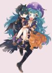  1boy 1girl absurdres ascot bangs black_dress black_footwear black_jacket black_pants blue_eyes blue_footwear blue_hair blunt_bangs byleth_(fire_emblem) byleth_(fire_emblem)_(male) candy carrying carrying_person commentary demon_horns demon_wings dress fake_horns fake_wings fire_emblem fire_emblem:_three_houses fire_emblem_heroes food food_in_mouth gloves green_eyes green_hair halloween halloween_costume hat highres horns jacket lollipop long_hair messy_hair multicolored_clothes multicolored_dress noki_(nikumasyumaro) official_alternate_costume orange_ascot orange_dress pants pointy_ears princess_carry profile puffy_short_sleeves puffy_sleeves purple_headwear shoes short_hair short_sleeves simple_background sothis_(fire_emblem) striped striped_jacket twintails two-tone_dress very_long_hair white_gloves wings witch_hat 