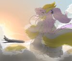  2022 aircraft airplane anthro asian_mythology big_breasts big_butt breasts butt cloudscape digital_media_(artwork) dragon east_asian_mythology eastern_dragon eye_through_hair eyelashes female hair hand_on_breast hi_res huge_breasts huge_butt kimiko_sugiyama looking_back macro megfluff muscular muscular_female mythology nipples nude purple_hair rear_view sky solo thick_thighs translucent translucent_hair white_body wide_hips 
