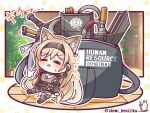  1girl absurdres animal_ear_fluff animal_ears arknights bag bangs bare_shoulders benizika black_hairband black_jacket blush breasts brown_hair chibi closed_eyes collarbone commentary_request duffel_bag facing_viewer grey_footwear grey_tank_top hair_between_eyes hairband highres horn_(arknights) jacket long_hair medium_breasts off_shoulder open_clothes open_jacket open_mouth outline shoe_soles shoes sigh signature sitting solo striped striped_thighhighs sweat tank_top thighhighs twitter_username vertical-striped_thighhighs vertical_stripes very_long_hair white_outline 