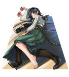  absurdres barefoot black_footwear black_hair blue_eyes boots destruction feet giant giantess green_hakama ground_vehicle hakama highres japanese_clothes kantai_collection kimono liangzi_tai_youling lying matsukaze_(kancolle) military military_vehicle motor_vehicle obi on_side robe sash shoes short_hair single_shoe size_difference smile soldier soles toes truck yellow_robe 