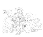  all_fours anon anthro bodily_fluids breasts cleavage clothed clothing cowboy_hat dialogue equid equine female friendship_is_magic hasbro hat headgear headwear hi_res horn male mammal mhdrawin monochrome my_little_pony princess_celestia_(mlp) simple_background sweat thick_thighs unicorn white_background 