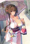  1girl alternate_costume alternate_hairstyle breasts brown_hair building cherry_blossoms day flower hair_bun hair_flower hair_intakes hair_ornament highres himeyamato holding holding_umbrella iowa_(kancolle) japanese_clothes kantai_collection kimono large_breasts multicolored_clothes multicolored_kimono obi outdoors pink_kimono red_eyes road sash sidelocks solo standing street two-tone_kimono umbrella white_kimono yamato_(kancolle) 