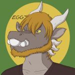  2021 anthro black_clothing black_shirt black_topwear brown_hair clothing digital_media_(artwork) dragon egg egg_in_mouth egg_insertion english_text facial_hair grey_body grey_skin hair hi_res horn male rhys_(wannabe_pendragon) shaded shirt snout solo teeth text topwear wannabe_pendragon 