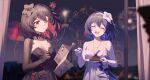  2girls :d absurdres black_dress black_flower black_gloves blue_hair blurry blurry_background bob_cut breasts cake cake_slice cleavage closed_eyes closed_mouth dress dual_persona fireworks fled flower food fork gloves hair_flower hair_ornament headband highres holding holding_fork holding_pen holding_plate honkai_(series) honkai_impact_3rd multiple_girls night night_sky one_eye_closed open_mouth pen plate red_eyes red_hair second-party_source seele_(alter_ego) seele_vollerei short_hair sky smile white_dress white_flower white_gloves 