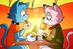  2022 blue_body blue_fur collar dessert doke_okeb domestic_cat duo felid feline felis food fur furniture hi_res ice_cream male male/male mammal pantsless romantic simplepossum sunset table umbrella 