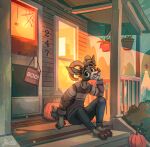  anthro auburn_(auburnthegoat) autumn big_eyes bovid building caprine clothing food fruit fur goat grey_body grey_fur halloween happy hi_res holidays horn house jacato male mammal outside plant porch pumpkin solo sweater topwear warm_colors 