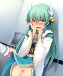 1girl aqua_kimono bar_censor blush censored clothes_lift dragon_girl dragon_horns fate/grand_order fate_(series) green_hair horns japanese_clothes kimono kiyohime_(fate) lifted_by_another long_hair marimo_danshaku multiple_horns nose_blush solo_focus standing very_long_hair wide_sleeves yellow_eyes 