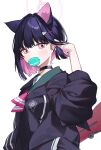  1girl animal_ears bangs black_choker black_hair black_jacket blue_archive choker colored_inner_hair extra_ears food_in_mouth halo hand_up highres jacket kazusa_(blue_archive) long_sleeves looking_at_viewer mouth_hold multicolored_hair pink_eyes pink_hair simple_background solo tiko_(idadsa91) two-tone_hair upper_body white_background 
