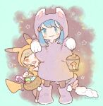  2girls :d alternate_costume basket black_pantyhose blue_eyes blue_hair boots candle candy candy_cane closed_mouth cosplay dawn_(pokemon) food glameow glameow_(cosplay) hair_ornament hairclip holding holding_basket hood hood_up katiko lantern light_brown_hair lit_candle long_hair multiple_girls no_nose open_mouth orange_eyes pantyhose pikachu pikachu_(cosplay) poke_kid_(pokemon) pokemon pokemon_(game) pokemon_dppt purple_footwear short_hair smile star_(symbol) twitter_username 