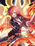  1girl ahoge celis_ortesia coat eiyuu_densetsu fire gloves green_eyes hair_between_eyes highres holding holding_sword holding_weapon huge_weapon kuro_no_kiseki long_hair looking_at_viewer red_hair smile solo sword weapon yakiniku9 