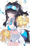 1girl absurdres animal_ears black_hair blue_archive blue_eyes blush breasts bright_pupils cheerleader cleavage dog_ears dog_girl dog_tail hibiki_(blue_archive) hibiki_(cheerleader)_(blue_archive) highres looking_at_viewer medium_breasts midriff navel official_alternate_costume pleated_skirt pom_pom_(cheerleading) ponytail skirt solo star_(symbol) sticker_on_face tail tiko_(idadsa91) white_pupils white_skirt 