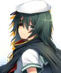  1girl black_cape cape eyepatch green_hair grey_eyes hat kantai_collection kiso_(kancolle) kiso_kai_ni_(kancolle) marimo_danshaku sailor_hat school_uniform serafuku shirt short_hair short_sleeves smile solo upper_body white_headwear white_shirt 