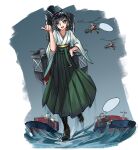  absurdres aircraft autogyro black_footwear black_hair black_headwear blue_eyes boots container giant giantess green_hakama hakama hat highres japanese_clothes kantai_collection kimono liangzi_tai_youling matsukaze_(kancolle) ocean open_mouth ship smile torpedo torpedo_tubes watercraft 