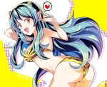  1girl :d aa2233a animal_print aqua_nails ass bad_anatomy bikini blush breasts hand_up heart highres horns leaning_forward long_hair looking_at_viewer lum medium_breasts navel oni orange_eyes pointy_ears smile solo spoken_heart swimsuit tiger_print twisted_torso urusei_yatsura very_long_hair 