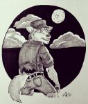  2020 anthro black_and_white bottomwear canid canine clothed clothing cloud dark dark_sky full_moon hair hat headgear headwear hi_res looking_at_viewer looking_back male mammal monochrome moon night open_mouth pawpads shaded shirt shorts signature sky snout solo standing teeth tongue topwear torn_clothing traditional_media_(artwork) wannabe_pendragon were werecanid werecanine werewolf 