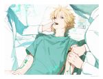  bed blonde_hair blue_eyes border cloud_strife coat final_fantasy final_fantasy_vii green_shirt hair_between_eyes hospital_bed hospital_gown human_okara2 intravenous_drip labcoat long_sleeves looking_at_viewer male_focus multiple_boys necktie on_bed shirt short_hair short_sleeves solo_focus spiked_hair thumb_to_mouth upper_body white_coat 