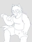  absurd_res anthro bottomwear canid canine canis clothing exercise frown hi_res holding_object looking_at_viewer male mammal mrjosh47 muscular muscular_anthro muscular_male neck_tuft password_(visual_novel) scowl shirt shorts sitting solo tank_top topwear tuft tyson_(password) weightlifting weights wolf workout 