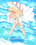  1girl ahoge alternate_costume blonde_hair blue_eyes blush breasts cleavage commentary dress dutch_angle hand_on_own_thigh hanna-justina_marseille highres leaning_forward long_hair looking_at_viewer ocean parasol smile snatcha solo strike_witches sundress umbrella wading water waves white_dress world_witches_series 