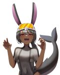  absurdres animal_ears azuri909 bodysuit commission commissioner_upload fish_tail goggles goggles_on_head greyscale highres indie_virtual_youtuber monochrome multicolored_hair original rabbit_ears shark_tail sharkabbit sharp_teeth tail teeth two-tone_hair 