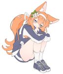  1girl absurdres animal_ear_fluff animal_ears bangs blue_archive blue_eyes closed_mouth fox_ears full_body hair_ribbon hairband halo highres hugging_own_legs jacket knees_up long_hair long_sleeves looking_at_viewer mari_(blue_archive) mari_(gym_uniform)_(blue_archive) multicolored_clothes multicolored_jacket orange_hair pants ponytail ribbon sasami_(cho_ge_n_ki) shoes simple_background smile sneakers socks solo track_suit two-tone_jacket white_background white_hairband white_ribbon white_socks 
