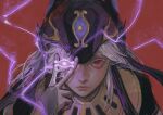  1boy animal_ears arabian_clothes bishounen cyno_(genshin_impact) dark-skinned_male dark_skin electricity eye_symbol genshin_impact grey_hair hat highres long_hair male_focus purple_eyes red_background simple_background solo suzitcat upper_body v 