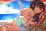  2girls aqua_shirt aqua_shorts beach black_hair blonde_hair blue_shirt bracelet commentary highres inoue_takina jewelry long_hair lycoris_recoil minzzway multiple_girls nishikigi_chisato open_mouth overalls red_eyes shirt short_hair short_sleeves shorts sleeping 