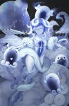  1girl absurdres abyssal_ship blue_skin breasts bubble cannon colored_skin fingernails glowing glowing_eyes highres incomplete_battleship_princess kantai_collection medium_breasts mokuren_(mozukukirai88) monster_girl octopus rigging scylla solo tentacle_hair tentacles turret 