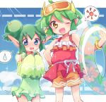  2girls bangs blue_eyes blue_sky cloud cloudy_sky detached_sleeves double_bun draco_centauros fang goggles goggles_on_head gold_bracelet green_hair green_one-piece_swimsuit green_sleeves hair_between_eyes hair_bun horns lidelle_(puyopuyo) lifebuoy looking_at_viewer multiple_girls one_eye_closed open_mouth orange_shorts pointy_ears puyopuyo red_shirt shirt shorts sky sleeveless sleeves_past_wrists smile speech_bubble sun_symbol swimsuit water_drop xox_xxxxxx yellow_eyes 