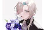  1boy :d absurdres animal_on_shoulder aqua_hair ascot bird bird_on_shoulder black_shirt blonde_hair bouquet chap_yun colored_inner_hair dew_drop flower grey_background grey_eyes hair_over_one_eye highres holostars iris_(flower) jyako_(utsugi_uyu) looking_at_viewer male_focus medium_hair multicolored_hair pigeon pillarboxed pink_hair portrait purple_ascot purple_flower rose shirt simple_background smile solo sparkle streaked_hair teeth turtleneck upper_teeth utsugi_uyu virtual_youtuber water_drop white_flower white_rose 