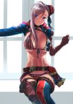  1girl abs american_flag_bikini bikini blue_thighhighs blush breasts brown_gloves commentary_request embarrassed fate/grand_order fate_(series) fingerless_gloves flag_print gloves highres lapels large_breasts long_hair looking_at_viewer miyamoto_musashi_(fate) multicolored_thighhighs navel notched_lapels rama_(amaru) red_thighhighs shrug_(clothing) solo swimsuit thighhighs thighs 