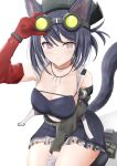  1girl absurdres animal_ears arknights arm_between_legs black_hair breasts brown_eyes cat_ears cat_girl cat_tail cleavage closed_mouth collarbone cutout_above_navel elbow_gloves gloves goggles goggles_on_head highres jewelry large_breasts looking_at_viewer necklace red_gloves rockrock_(arknights) seiza sitting solo sora_mame_(princess_0sora) tail 
