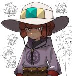  1boy =3 adaman_(pokemon) black_shirt bright_pupils brown_bag brown_eyes brown_hair chibaqen closed_mouth frown hat heart highres irida_(pokemon) jacket laventon_(pokemon) lian_(pokemon) looking_at_viewer melli_(pokemon) partially_colored pearl_clan_outfit pokemon pokemon_(game) pokemon_legends:_arceus pouch purple_jacket sabi_(pokemon) shirt short_hair squiggle twitter_username volo_(pokemon) white_headwear white_pupils 