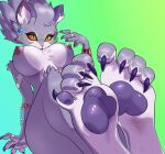  anthro armlet belladonna_(trials_of_mana) blue_background bracelet breasts cross-popping_vein ear_piercing ear_ring feet felid feline female foot_focus fur fur_pattern gradient_background green_background hair hi_res jewelry mammal multicolored_hair nipples orange_sclera pawpads piercing pupils purple_body purple_fur ring ring_piercing sharkysocks simple_background slit_pupils solo trials_of_mana two_tone_hair white_body white_fur yellow_eyes 