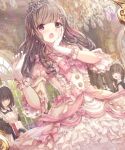  3girls bangs blurry blurry_background blush brown_hair ceiling closed_mouth crown dress frilled_cuffs frilled_dress frills hand_on_own_face highres layered_dress long_hair looking_at_viewer maid missile228 multiple_girls open_mouth original pink_dress puffy_short_sleeves puffy_sleeves red_eyes short_sleeves sidelocks smile solo_focus swept_bangs tree window 
