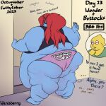  &lt;3 &lt;3_eyes alphys anthro blue_body blue_scales breath dialogue dinosaur duo ellipsis female fish hair hi_res marine morbidly_obese morbidly_obese_female number obese obese_female overweight overweight_female panting ponytail red_eyes red_hair reptile scales scalie signature struggling text undertale_(series) undyne weight_gain wenisberry yellow_body yellow_scales 