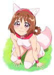  1girl :3 animal_ears bangs blush breasts brown_hair cosplay delicious_party_precure fox_ears fox_tail hair_rings hanamichi_ran headband highres kneeling kome-kome_(precure) kome-kome_(precure)_(cosplay) leotard looking_at_viewer open_mouth pink_leotard precure red_eyes sakecho short_hair small_breasts smile solo tail thighhighs wristband 
