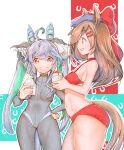  2girls ahoge animal_ears aqua_hair bangs bikini blue_eyes blue_hair blue_headwear bodysuit bow brown_eyes brown_hair cabbie_hat commentary_request food from_side grin hair_bow hair_ornament hair_ribbon hairclip halterneck hand_on_hip hat heterochromia highres holding horse_ears horse_girl horse_tail horseshoe_print long_hair long_sleeves looking_at_viewer matikane_tannhauser_(umamusume) multicolored_hair multiple_girls navel outline parted_lips partial_commentary purple_eyes red_bikini red_bow ribbon sharp_teeth shaved_ice smile standing swimsuit tail teeth twin_turbo_(umamusume) twintails umamusume usapenpen2019 very_long_hair wetsuit white_outline white_ribbon 