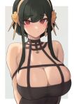  1girl bangs bare_shoulders black_dress black_hair blush breasts cleavage dress gold_hairband hair_ornament highres large_breasts long_hair looking_at_viewer red_eyes revision satou_daiji sidelocks smile solo spy_x_family yor_briar 