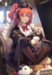  2girls ahoge beret cake candy coffee_cup commission crossed_legs cup disposable_cup food girls&#039;_frontline hat lollipop medium_hair mp7_(girls&#039;_frontline) multiple_girls niac pantyhose red_hair solo_focus springfield_(girls&#039;_frontline) thighband_pantyhose 
