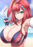  1girl beach bikini breasts cleavage dolphin_wave emp_(denjipgre) fingerless_gloves gloves green_eyes hair_ornament hairpin huge_breasts looking_at_viewer medium_hair one_eye_closed red_hair sakimiya_iruka selfie side_ponytail smile standing swimsuit upper_body v 