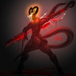  absurd_res big_butt big_sword black_body black_skin blood bodily_fluids bone butt claws demon digital_drawing_(artwork) digital_media_(artwork) glowing glowing_eyes gradient_background hi_res horn huge_sword humanoid leaking light long_horn long_tail looking_at_viewer male melee_weapon muscular muscular_male rashchaos red_eyes shadow signature simple_background skull skull_head solo standing sword thick_thighs weapon wide_hips 