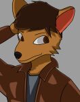  absurd_res alexandliberty anthony_scotfield(oc) anthro black_nose brown_clothing brown_eyes brown_hair brown_jacket brown_topwear clothing eyebrows fur grey_clothing grey_shirt grey_topwear hair hi_res jacket long_ears male mammal mouse murid murine orange_body orange_fur rodent shirt solo topwear 