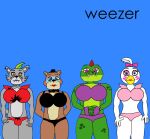  alligator alligatorid anthro avian big_breasts bow_(feature) bow_tie bra breasts bulge canid canine canis choker clothed clothing crocodilian crossgender eyewear female fingerless_gloves five_nights_at_freddy&#039;s five_nights_at_freddy&#039;s:_security_breach glamrock_chica_(fnaf) glamrock_freddy_(fnaf) gloves group gynomorph handwear hat headgear headwear intersex jewelry lipstick makeup mammal montgomery_gator_(fnaf) necklace panties piercing reptile roxanne_wolf_(fnaf) roxysexer1990 scalie scottgames sunglasses underwear ursid video_games weezer weezer_(blue_album) wolf 