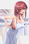  1girl absurdres apron bangs bare_shoulders belt blush breasts cleavage collarbone heart heart-shaped_pupils heterochromia highres hololive houshou_marine kitchen large_breasts long_hair looking_at_viewer naked_apron open_mouth red_eyes red_hair reulem sideboob solo symbol-shaped_pupils virtual_youtuber yellow_eyes 