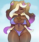  animal_humanoid beauty_mark big_breasts black_hair blue_background breasts cephalopod cephalopod_humanoid clothing dark_body dark_hair dark_skin ear_piercing ear_ring eyelashes eyes_closed female hair hair_over_eye hand_on_chest hi_res humanoid humanoid_pointy_ears marina_(splatoon) marine marine_humanoid markings mole_(marking) mollusk mollusk_humanoid multicolored_hair navel nintendo octarian octoling one_eye_obstructed piercing pseudo_hair purple_clothing purple_hair purple_swimwear ring_piercing simple_background small_waist smile solo splatoon swimwear tentacle_hair tentacles thick_thighs two_tone_hair vespbee video_games wide_hips 