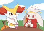  1girl 1other animal_ear_fluff animal_ears animal_hands animal_nose blue_sky blush body_fur braixen bright_pupils bush chair closed_mouth cloud commentary_request cup day disposable_cup drink drinking drinking_straw flat_chest fox_ears fox_girl fox_tail frappuccino fur_collar furry furry_female grey_fur hand_to_own_mouth hand_up happy highres holding holding_cup holding_drink looking_at_another looking_down on_chair open_mouth outdoors partial_commentary pokemon pokemon_(creature) rabbit_ears raboot red_eyes red_fur sitting sketch sky smile stick subaru331 table tail two-tone_fur upper_body white_fur white_pupils wide-eyed yellow_fur 