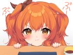  1girl animal_ears blush closed_mouth cup hair_between_eyes horse_ears horse_girl inuyama_nanami long_hair looking_at_viewer mayano_top_gun_(umamusume) orange_eyes orange_hair pout simple_background solo two_side_up umamusume white_background 